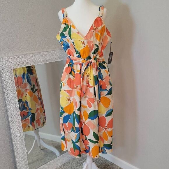 Vince Camuto Dresses & Skirts - Vince Camuto Tropical Floral Sleeveless Tie Waist Midi Dress Cotton Size 10
